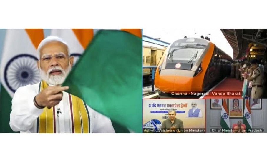 <div class="paragraphs"><p>Prime Minister Narendra Modi flags off three Vande Bharat trains between Meerut and Lucknow, Madurai and Bengaluru, and Chennai and Nagercoil, via video conferencing.</p></div>